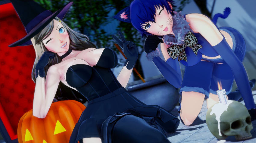 3d 3d_(artwork) ann_takamaki blonde_hair blue_eyes blue_hair cat_costume catgirl halloween halloween_costume outside peace_sign persona persona_4 persona_5 shirogane_naoto that_naoto_guy witch_costume