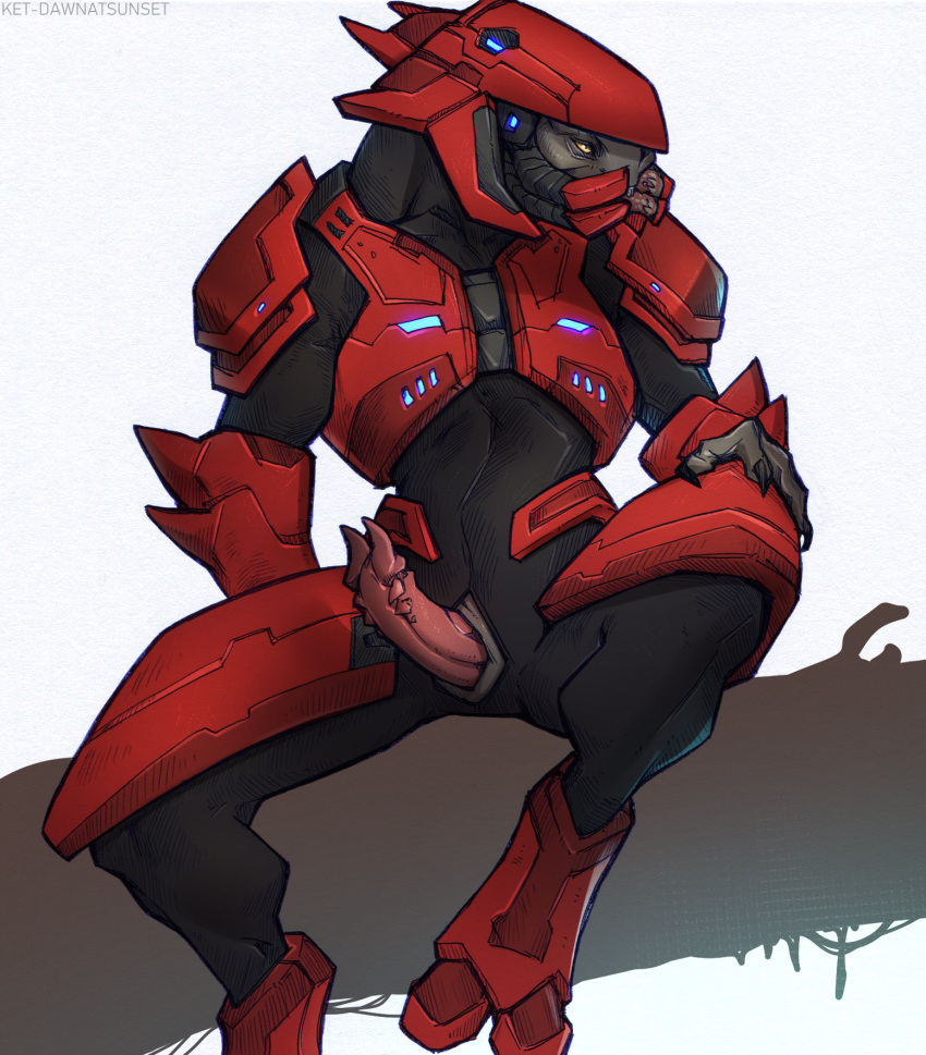 4_mandibles alien animal_genitalia armor bodysuit claws clothed clothing erection genital_slit genitals glowing grey_body grey_skin halo_(series) hand_on_knee hand_on_leg headgear helmet hi_res ket-dawnatsunset male microsoft partially_clothed penis presenting presenting_penis red_armor sangheili sitting skinsuit slit solo spread_legs spreading teeth tight_clothing unusual_anatomy unusual_genitalia unusual_penis xbox_game_studios yellow_eyes