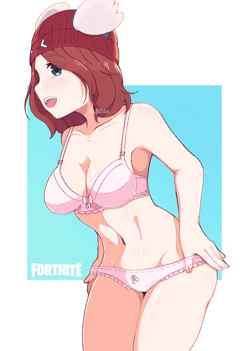 2d ale24x anime_style belly belly_button bent_over blue_background blue_eyes bow_bra bow_panties bra breasts brown_hair color colored female fortnite fortnite:_battle_royale lingerie long_hair looking_at_viewer mouth_open pink_lingerie simple_background skye_(fortnite) taking_clothes_off underwear white_background wings winter_hat