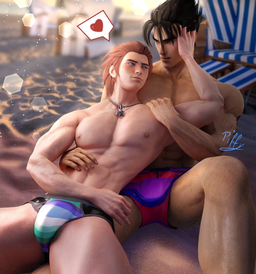 beach bisexual_pride_colors bulging gay hwoarang jin_kazama kazama_jin male_focus male_only namco namco_bandai piffy pride_colors red_hair speedo swimwear tekken vertical_stripes vincian_pride_colors