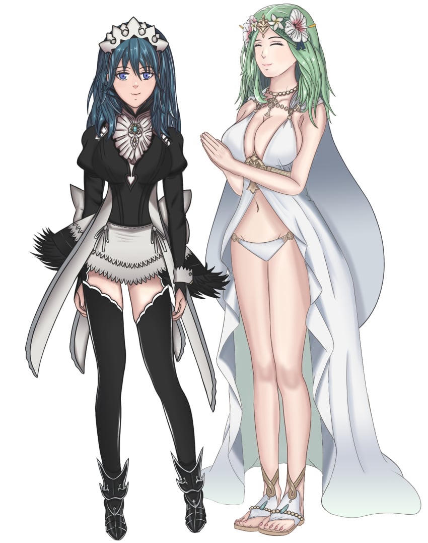 2girls alternate_costume bare_arms bare_legs bare_thighs bikini blue_eyes boots breasts bridal_gauntlets byleth_(fire_emblem) byleth_(fire_emblem)_(female) cape cleavage closed_eyes cosplay dress felicia_(fire_emblem)_(cosplay) female female_only fire_emblem fire_emblem:_three_houses fire_emblem_fates fire_emblem_heroes flower full_body green_hair hair_flower inner_thighs large_breasts legs long_sleeves looking_at_viewer maid maid_headdress mali-sa medium_hair multiple_girls nail_polish nintendo official_alternate_costume own_hands_together pink_nails rhea_(fire_emblem) rhea_(summer)_(fire_emblem) sandals sideboob smile swimsuit teal_hair thighhighs thighs white_background white_bikini white_swimsuit