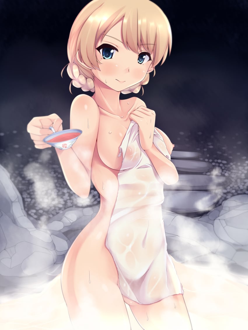 bad_id bad_pixiv_id blonde_hair blue_eyes blush braid breasts covered_navel covered_nipples cup darjeeling female girls_und_panzer holding naked_towel navel nipples nksk nude onsen see-through short_hair solo steam tea teacup towel water wet