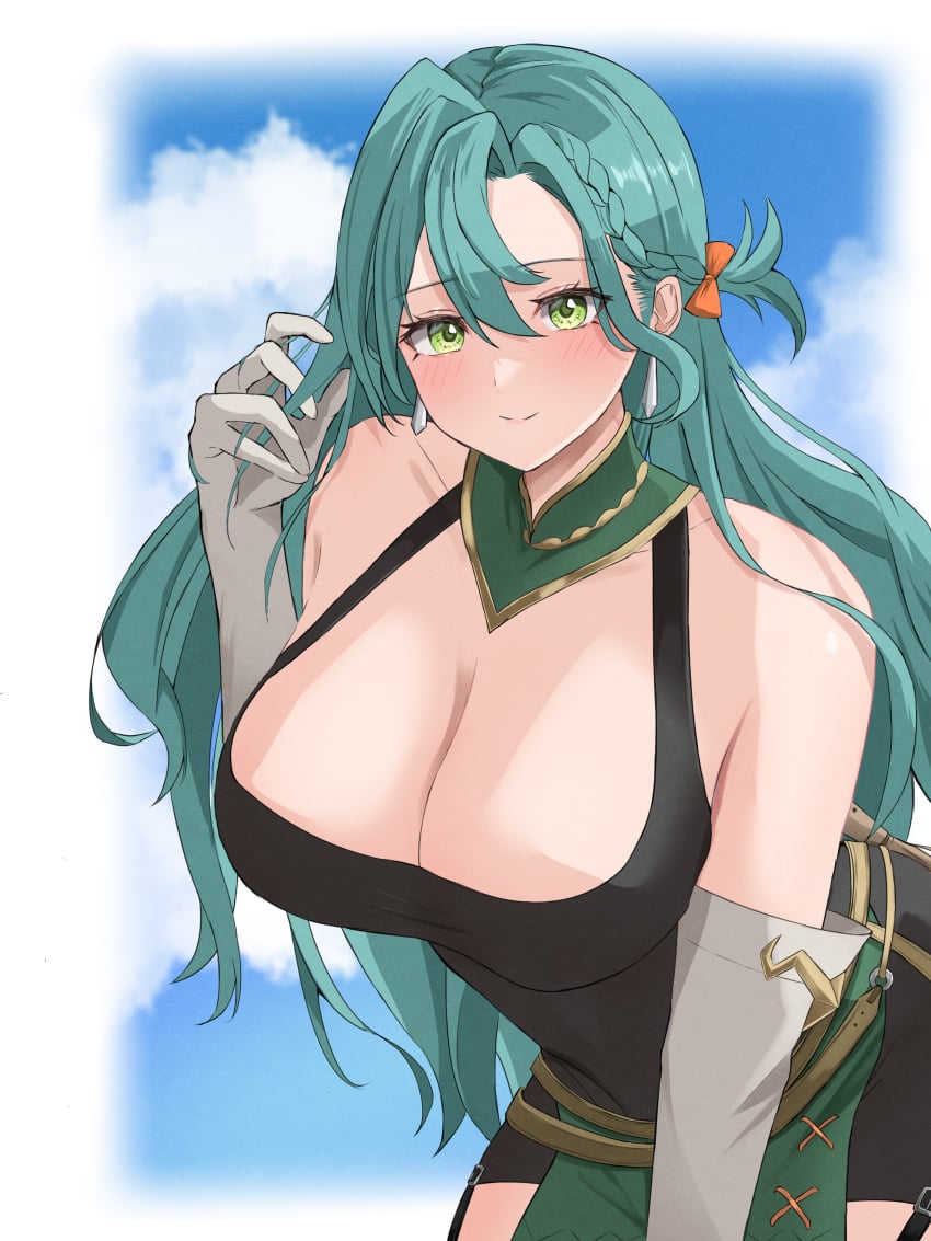 1girls absurdres aqua_hair bare_shoulders black_shirt blue_sky bow braid breasts chloe_(fire_emblem) cleavage clothing cloud commission covered_navel cowboy_shot dress earrings elbow_gloves female female_only fire_emblem fire_emblem_engage gloves highres jewelry large_breasts leaning_forward long_hair looking_at_viewer nintendo orange_bow peli_cantaro shirt side_braid skeb_commission sky smile solo teardrop_earrings white_gloves