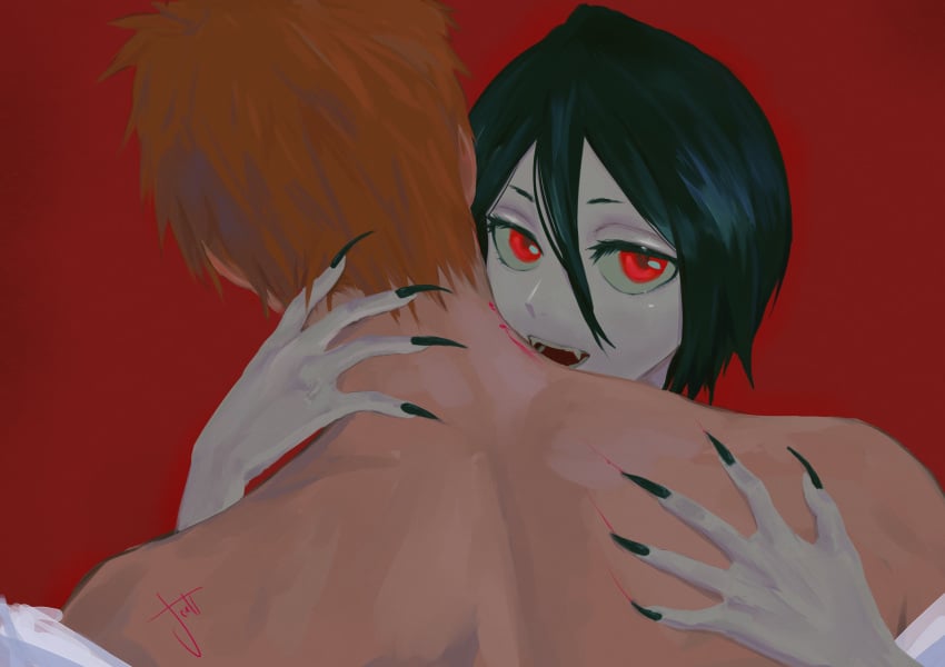 1boy 1girls bite bite_mark bite_mark_on_neck biting_neck bleach eye_contact female ichigo_kurosaki kuchiki_rukia long_fingernails looking_at_viewer male male/female orange_hair pale_skin red_eyes scratch_marks scratches scratching sharp_fingernails shirtless straight vampire vampire_girl