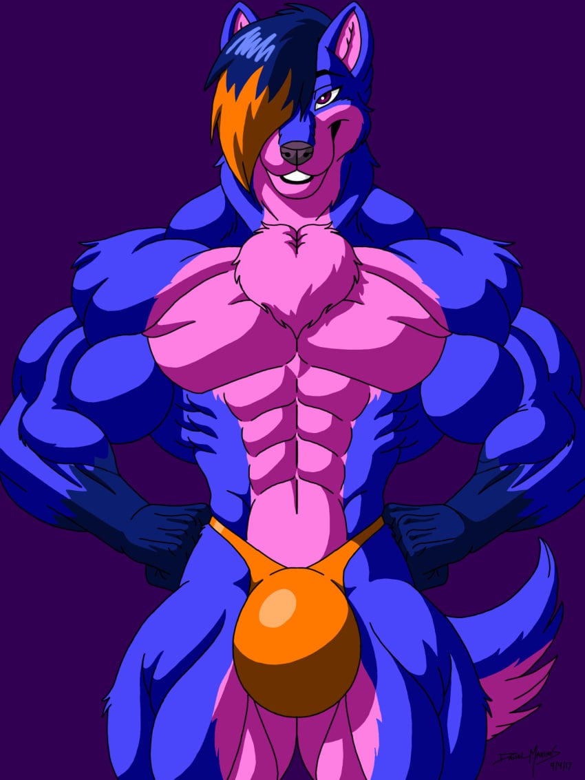 abs biceps big_muscles blue_fur bulge canine doodledan86 hair large_muscles looking_at_viewer male muscles muscular muscular_arms muscular_legs muscular_male muscular_thighs one_eye_covered pecs purple_eyes smile smiling speedo tail wolf