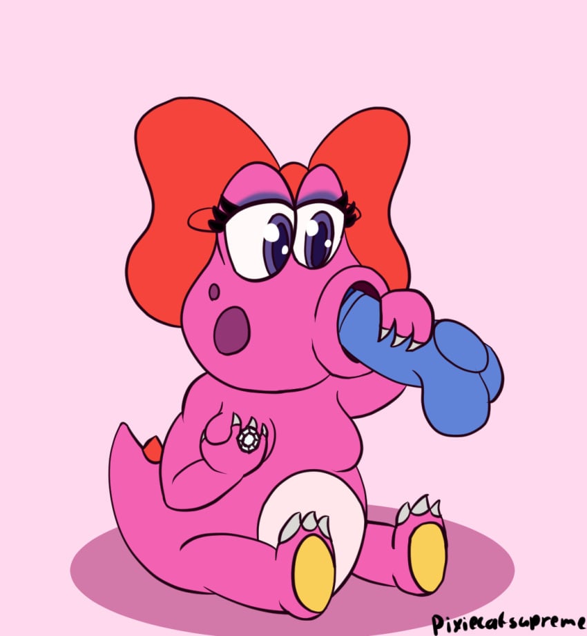 birdo bow_ribbon breasts digital_drawing_(artwork) digital_media_(artwork) female genitals hi_res holding_breast holding_penis mario_(series) nintendo oral oral_penetration penetration penis pixiecatsupreme ring_(jewelry) sitting