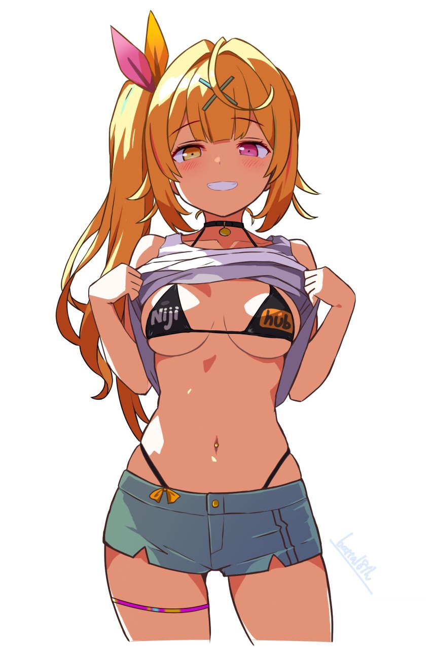 batta16th blonde_hair bra collar female heterochromia hoshikawa_sara hotpants lifting_shirt looking_at_viewer nijihub nijisanji ponytail pornhub_bra skindentation smile solo thong virtual_youtuber vtuber