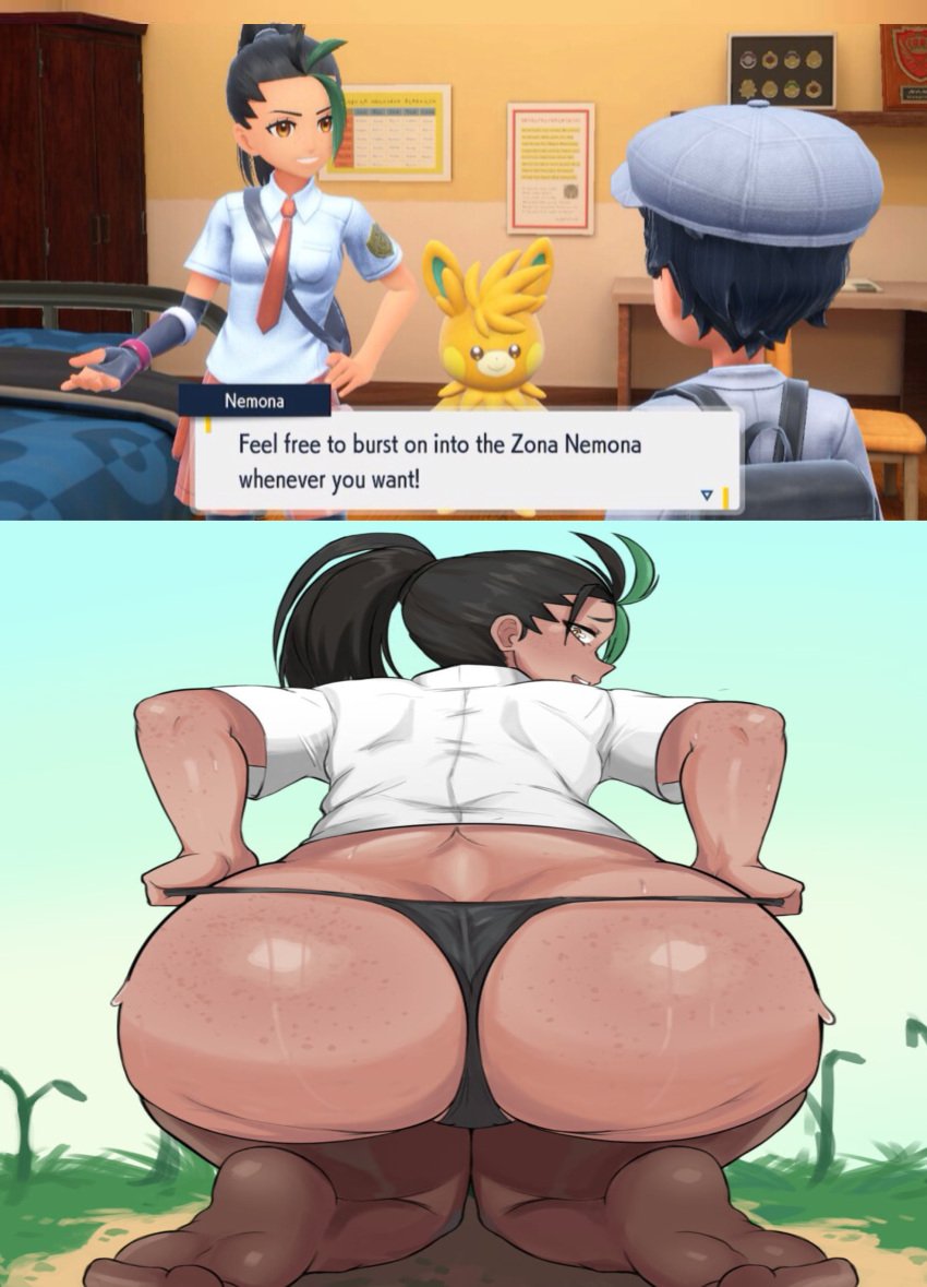 1girls ass ass_cleavage ass_focus big_ass big_butt black_hair black_thong butt_crack clothed clothing dark-skinned_female dark_skin feet female female_only florian_(pokemon) freckles freckles_on_ass game_freak green_hair large_ass looking_at_viewer looking_back necktie nemona_(pokemon) open_mouth open_smile outdoors outside panties pawmot pokemon pokemon_sv presenting sieroo smile solo solo_female sweat thick_thighs thighhighs thong tie two_tone_hair voluptuous wide_hips