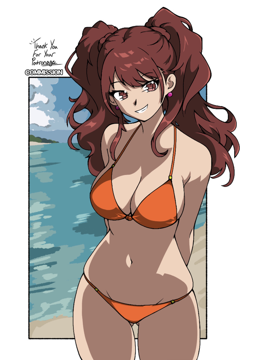 1girls arms_behind_back beach big_breasts bikini brown_hair busty cleavage damonfive0 female female_only kujikawa_rise large_breasts legs navel orange_bikini persona persona_4 smile solo thighs twintails