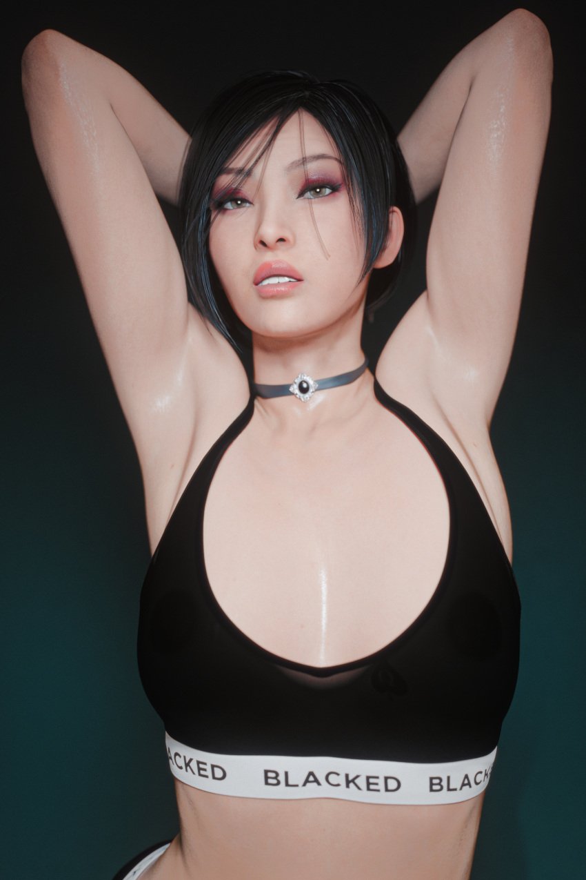 1girls 3d 3d_(artwork) ada_wong armpits arms_above_head arms_up asian_female black_hair blacked blacked_clothing blender blender_(software) capcom choker female female_only fit fit_female gym_uniform light-skinned_female light_skin looking_at_viewer makeup nipples_visible_through_clothing nynx queen_of_spades queen_of_spades_symbol resident_evil shaved_armpit shiny_skin small_breasts solo source_request spade_tattoo sports_bra sportswear tattoo tattoo_on_chest underwear underwear_only workout_clothes