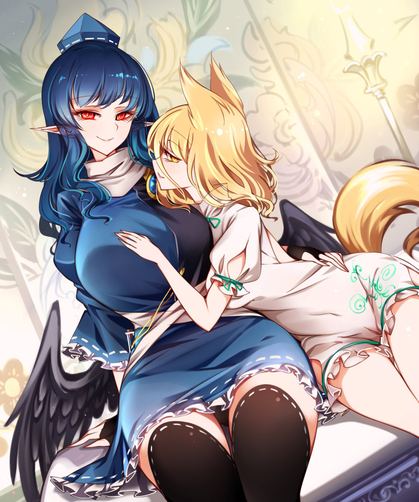 2girls big_breasts blonde_hair blue_hair breasts clothed_female detailed_background fox_ears fox_girl fox_tail hand_on_breast hat iizunamaru_megumu kudamaki_tsukasa long_hair pointy_ears raptor7 red_eyes tengu thick_thighs thighhighs thighs touhou wings yellow_eyes yellow_hair