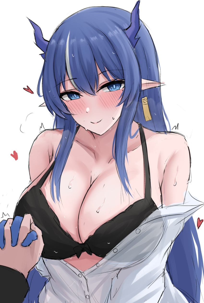 1girls arknights big_breasts black_bra blue_eyes blue_hair blush blush_lines blushing_at_viewer bra busty cleavage collarbone curvaceous curvy cute dragon_girl dragon_horns earring enormous_breasts female female_focus female_only giant_breasts gigantic_breasts hand_holding happy heart holding holding_hand holding_hands horns huge_breasts hyper_breasts inviting inviting_viewer large_breasts light-skinned_female light_skin ling_(arknights) long_hair looking_at_partner looking_at_viewer loving_gaze massive_breasts namikare pointy_ears see-through see-through_clothing shirt shy smile smiling smiling_at_viewer sweat sweatdrop sweating tagme tight_clothing two_tone_hair unbuttoned unbuttoned_shirt very_long_hair voluptuous white_hair wholesome