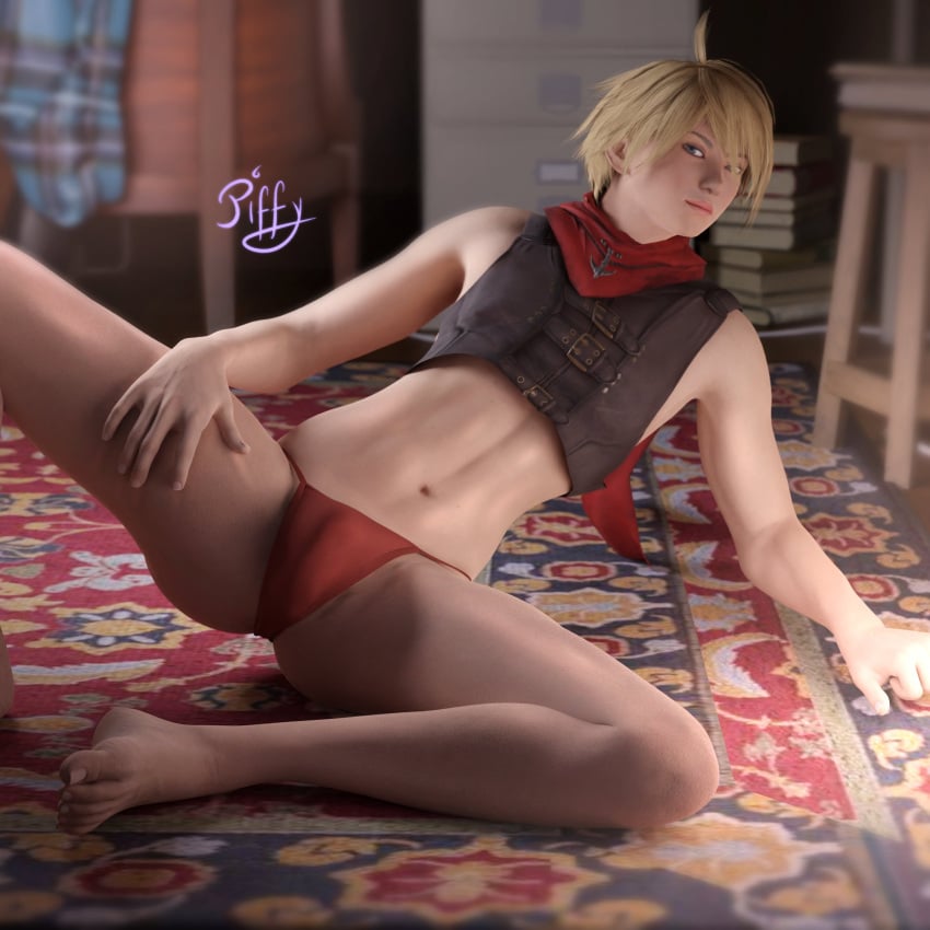 1boy 3d ambiguous_gender androgynous blonde_hair blue_eyes bulge german leo_kliesen light_skin male male_focus male_only namco necklace piffy presenting scarf solo tekken tekken_8 underwear undressing unknown_gender yaoi