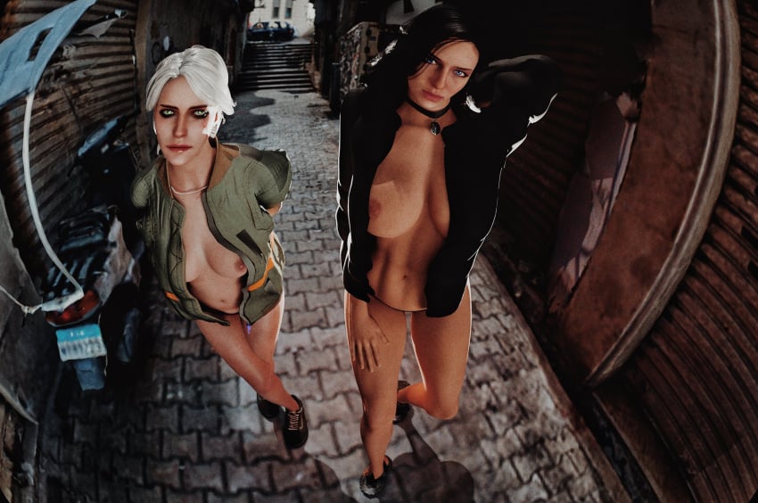 2girls 3d black_hair breasts cd_projekt_red ciri collar female green_eyes light-skinned_female looking_at_viewer mascara mxxx nipples purple_eyes scar the_witcher_(series) the_witcher_3:_wild_hunt thong white_hair yennefer