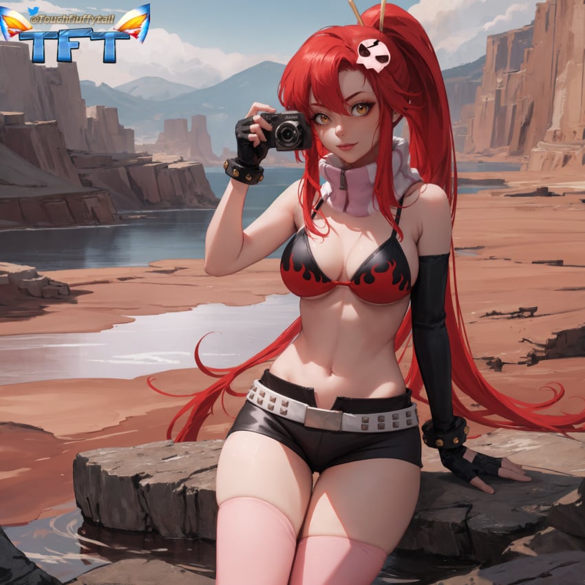 1girls ai_generated camera desert elbow_gloves gloves hair_ornament holding_camera holding_object leather long_hair looking_at_viewer pink_socks ponytail red_hair short_shorts shorts socks solo tengen_toppa_gurren_lagann thigh_socks thighhighs touchfluffytails yellow_eyes yoko_littner zettai_ryouiki