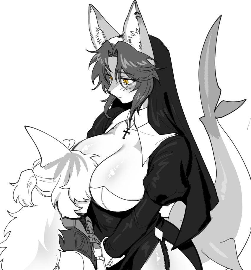 1girls 2023 ambiguous_gender anchovy_(cursedanchovy) between_breasts big_breasts blush breasts canine christian_cross cross cursedanchovy ear_piercing face_in_breasts huge_breasts hybrid inner_ear_fluff nun nun_outfit shark shark_fin shark_tail simple_background wolf wolf_ears wolf_girl yellow_eyes