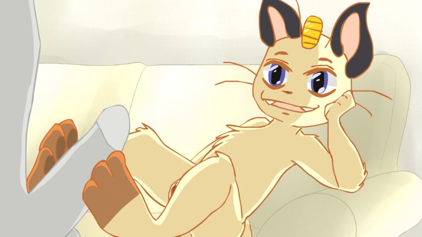 animated anthro feet footjob fur furry gif meowth penis pokémon_(species) pokemon undersfw