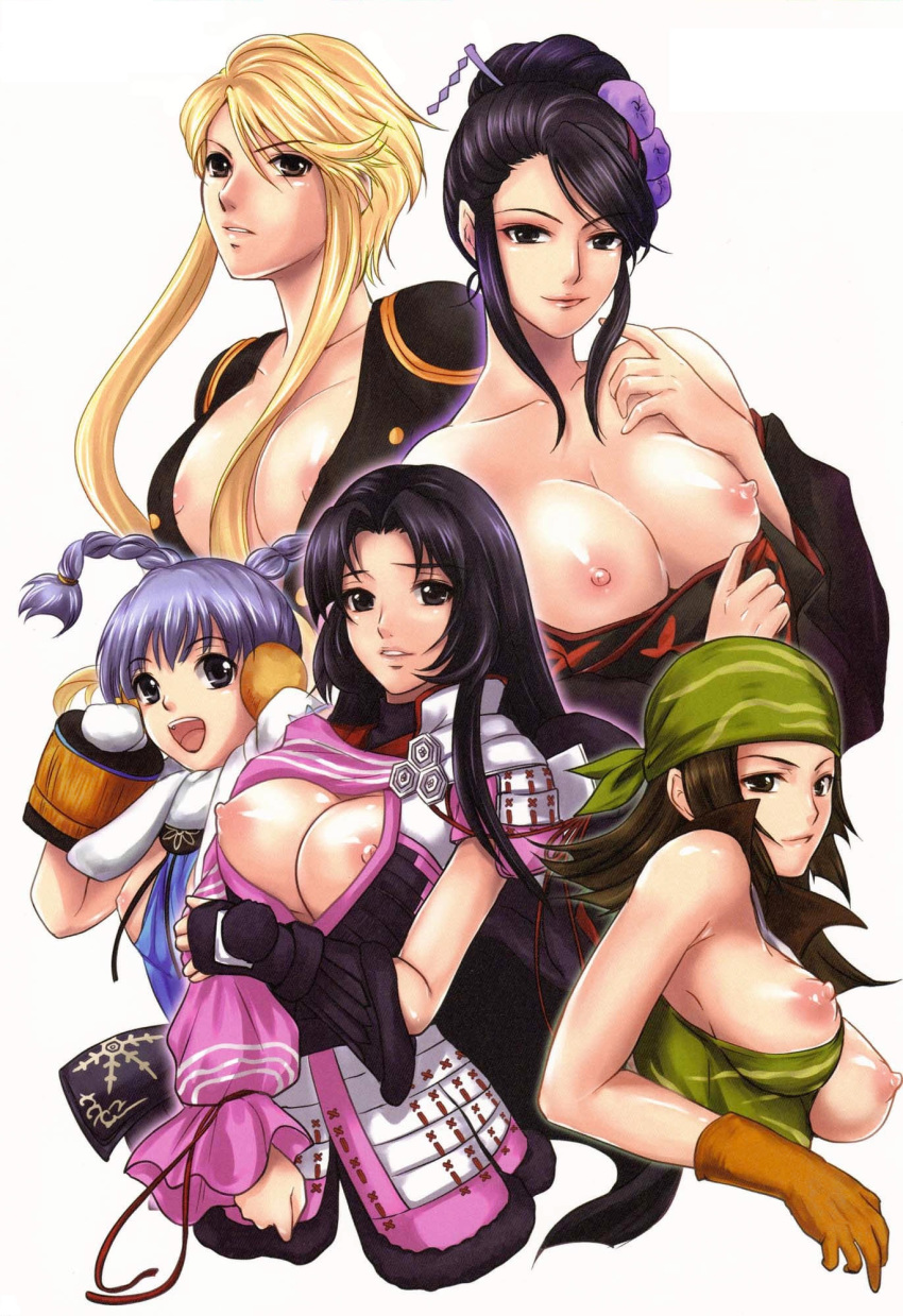 5girls armor bandana bare_shoulders black_eyes blonde_hair braid breasts brown_eyes brown_hair cleavage clothing flat_chest gloves hair_ornament itsuki_(sengoku_basara) kasuga kimono kunoichi large_breasts long_hair looking_at_viewer matsu_(sengoku_basara) multiple_girls nipples no_bra nouhime nouhime_(sengoku_basara) oichi oichi_(sengoku_basara) open_mouth purple_hair samurai_armor sengoku_basara short_hair simple_background smile tied_hair twintails voluptuous