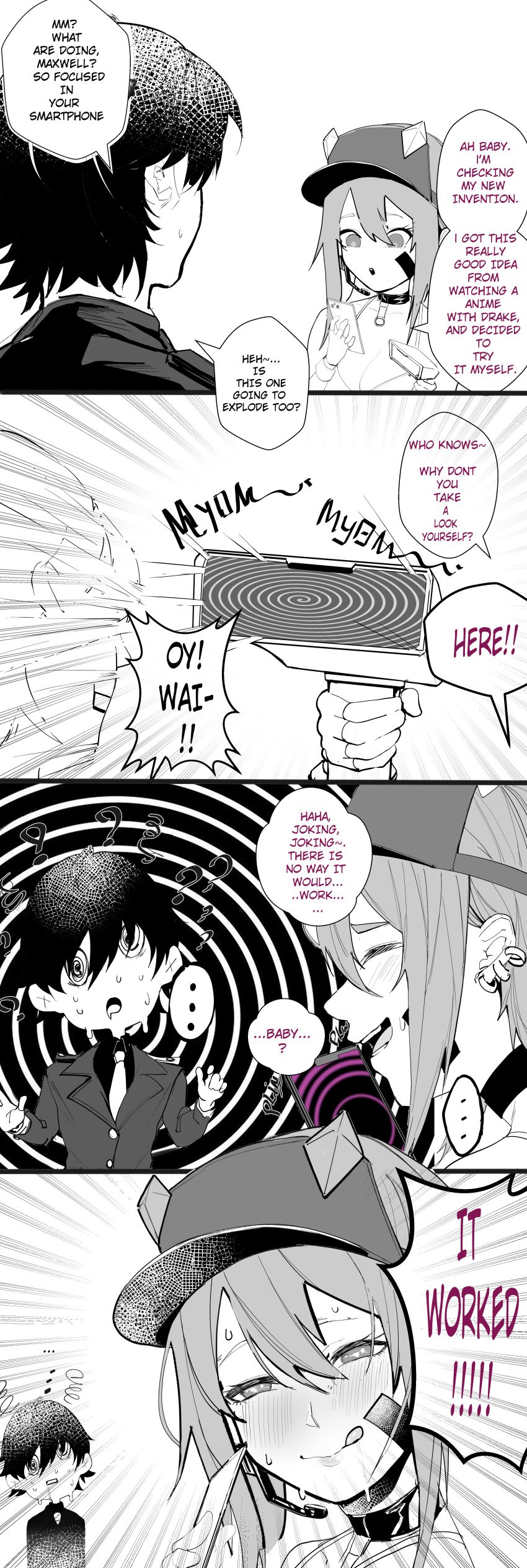 ... 1boy 1girls 4koma ? absurd_res bandage black_hair black_jacket cellphone choker cleavage closed_eyes commander_(nikke) earrings english_text fangs goddess_of_victory:_nikke greyscale holding_object hypnosis jacket maxwell_(nikke) military military_uniform mind_control monochrome necklace nyahpa20 rape_face short_hair sidelocks simple_background smug speech_bubble sports_bra sweat tongue tongue_out visor_cap white_background