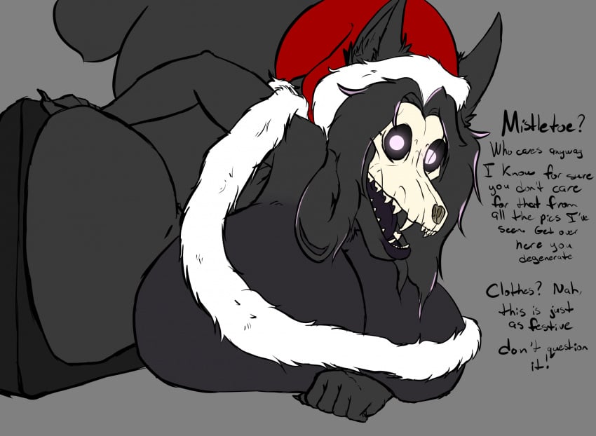 anthro ass big_breasts big_butt bone breasts canid canine canis christmas christmas_clothing christmas_headwear cionstarrion clothing english_text female hat headgear headwear hi_res holidays huge_breasts huge_butt hyper hyper_breasts jackal l0vebyte_(cionstarron) looking_at_viewer lovebyte_(cionstarron) mammal pink_eyes santa_hat scp-1471 scp-1471-a scp_foundation skull skull_head solo text through_screen