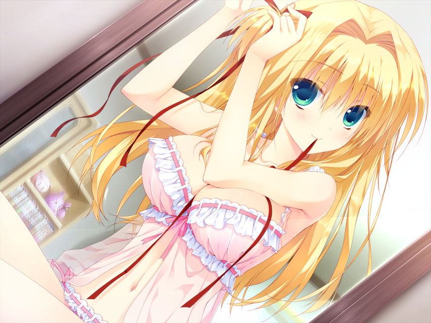 aqua_eyes asaba_yuu blonde_hair blue_eyes cleavage dressing game_cg hoshizora_e_kakaru_hashi hoshizora_e_kakaru_hashi_aa long_hair nanamori_seira ribbons