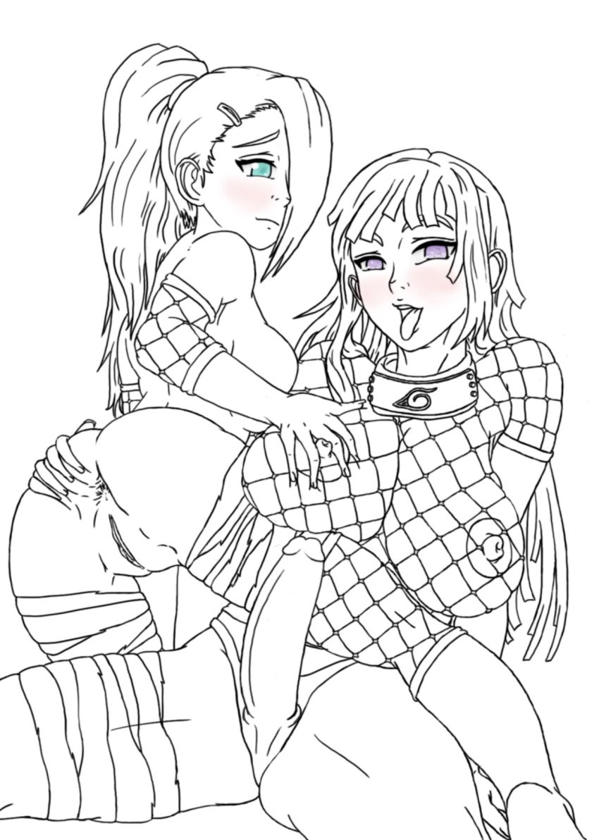 2girls anus female female_only fishnets gmeiden highres human hyuuga_hinata ino_yamanaka line_art multiple_females multiple_girls naruto pussy strap-on uncensored yuri