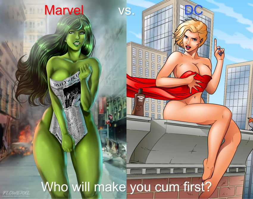 2girls artist_name big_breasts bird blonde_hair blue_eyes breasts convenient_censoring covering_breasts dc dc_comics embarrassed_nude_female enf female female_only flowerxl green-skinned_female green_hair green_skin hair huge_breasts hulk_(series) kara_zor-l long_hair looking_at_viewer marvel marvel_comics multiple_girls nail_polish newspaper nude nude_female offworldtrooper outside power_girl red_cape rooftop she-hulk short_hair sky superman_(series) tanning_lotion