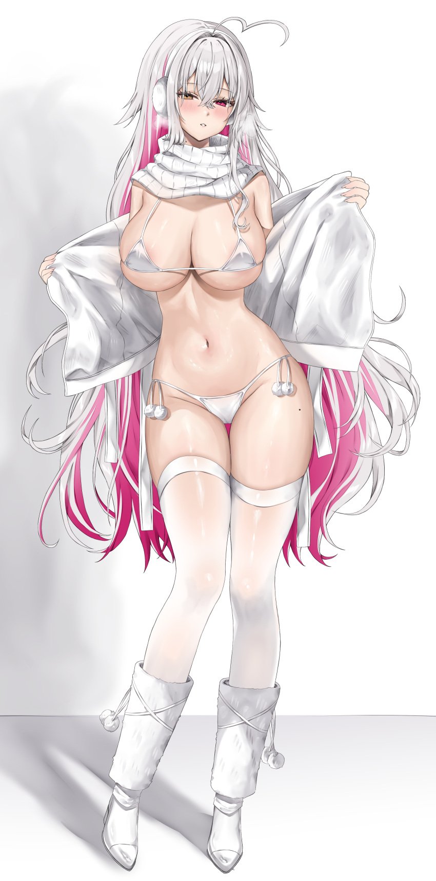 1girls bikini blush breasts breath earmuffs eyebrows_visible_through_hair female heterochromia hi_res huge_breasts light-skinned_female light_skin long_hair micro_bikini original original_character pink_eyes pink_hair scarf smile spots two_tone_hair undressing vitaminechan white_background white_bra white_hair white_panties yellow_eyes