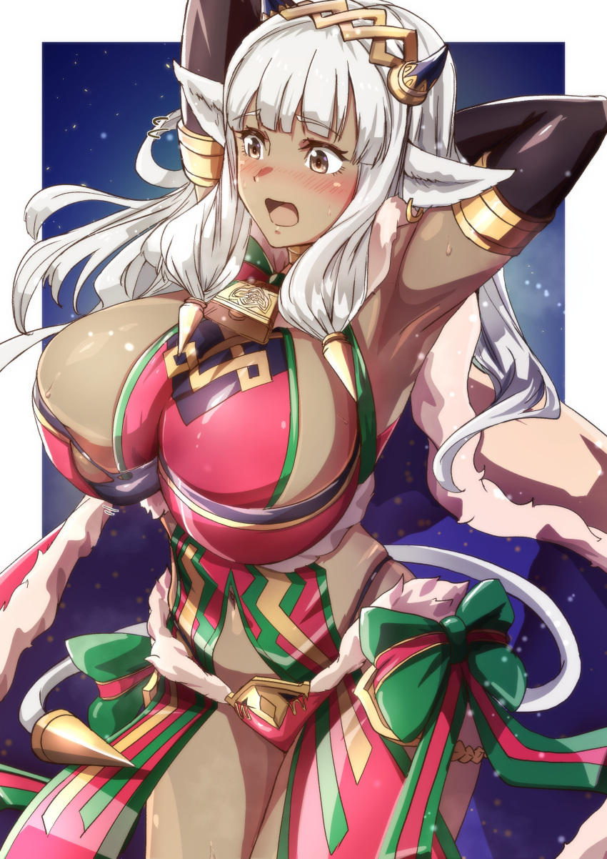 1girls absurdres adapted_costume alternate_costume animal_ears ash_(fire_emblem) bare_shoulders black_horns blush breasts brown_eyes cape cosplay cow_ears cow_girl cow_horns cow_tail dark-skinned_female dark_skin ear_piercing female female_only fire_emblem fire_emblem_heroes fur-trimmed_panties fur_cape fur_trim highres holding horns huge_breasts long_hair nintendo open_mouth panties piercing solo tail tharja_(fire_emblem) tharja_(fire_emblem)_(cosplay) tharja_(winter)_(fire_emblem) to_(tototo_tk) torn_clothes underwear white_hair