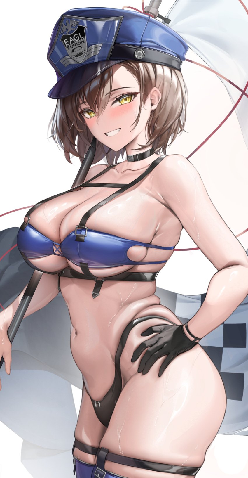 azur_lane baltimore_(azur_lane) baltimore_(finish_line_flagbearer)_(azur_lane) bikini blush checkered_flag choker cowboy_shot curvaceous curvy english_text grin hand_on_hip huge_breasts looking_at_viewer police_hat race_queen samart shiny_skin skindentation smug_grin sweaty sweaty_body sweaty_breasts sweaty_thighs swimsuit text thick_thighs thigh_strap umbrella very_sweaty voluptuous wide_hips