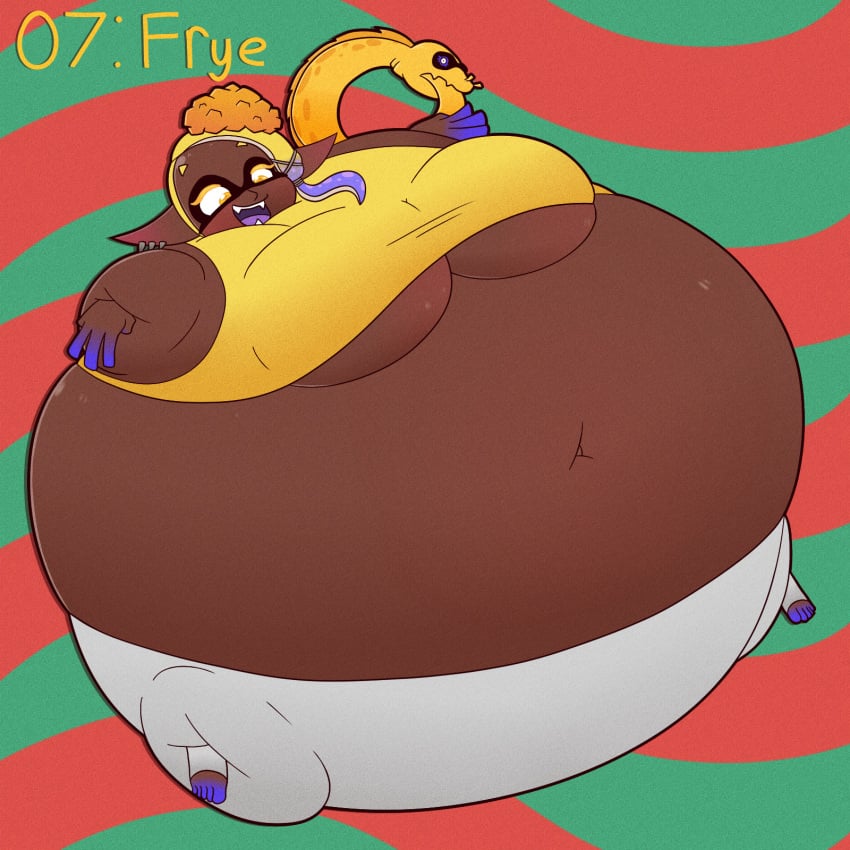 black_skin exposed_belly frye_(splatoon) hedgehogstew hyper_inflation inflation inflation_fetish inkling inkling_girl nintendo ornament pointy_ears splatoon splatoon_3 white_pants yellow_eyes yellow_hair yellow_topwear