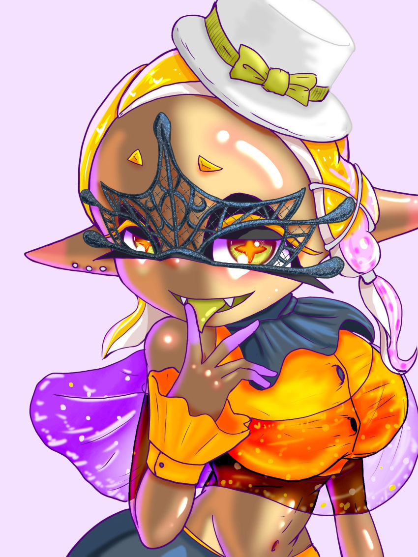 2023 animal_humanoid black_eyelashes black_skirt crop_top dark-skinned_female dark_skin digital_media_(artwork) frostyfest_outfit frye_(frostyfest) frye_(splatoon) hat hi_res humanoid inkling licking licking_fingers looking_at_viewer marine marine_humanoid masquerade_mask mollusk mollusk_humanoid naughty_face nintendo ornate ornate_clothing purple_background shawl skirt sleeveless_shirt soles splatoon splatoon_(series) splatoon_3 stripes t2ukmyjm top_hat white_hat yellow_eyelashes