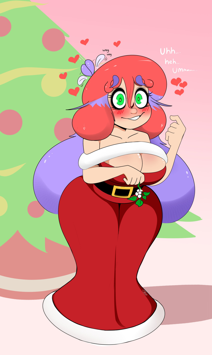 1girls absurd_res big_breasts blush christmas christmas_outfit christmas_tree cleavage embarrassed female female_only green_eyes heart heavy_blush long_hair looking_at_viewer mistletoe naomi_(penken) penken purple_hair red_hair solo teeth_showing thick_thighs two_tone_hair voluptuous wide_hips