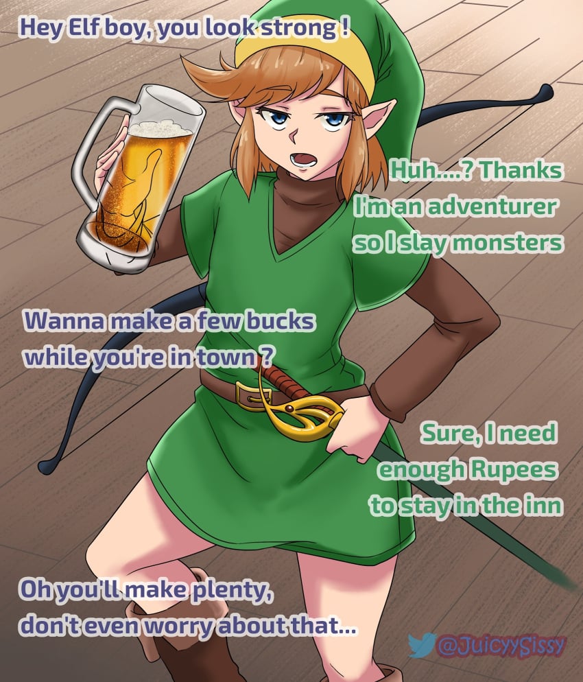 1boy aged_up beer beer_mug bow caption elf elf_ears english_dialogue english_text green_clothing juicyysissy_(artist) link link_(nes) male male_only nintendo sword the_legend_of_zelda yellow_hair zelda_ii:_the_adventure_of_link