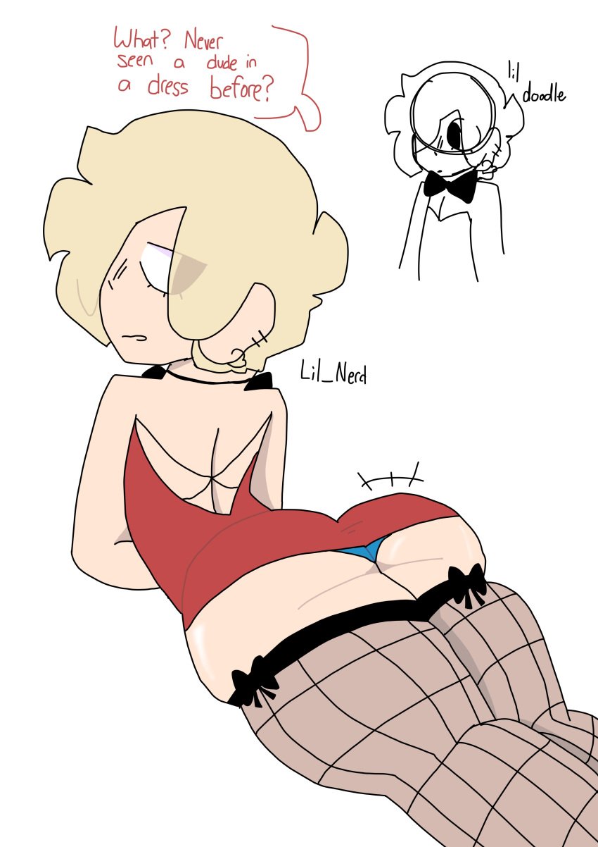 ass_focus ass_jiggle big_ass blond_male blonde_hair crossdressing dress dress_pulled_up fat_ass femboy fishnets gay laying_down laying_on_stomach looking_at_viewer male_only open_back_dress pierced_ears piercing red_dress short_dress short_hair skin_tight skin_tight_thighhighs solo_male talking_to_viewer thick_ass thick_thighs white_background