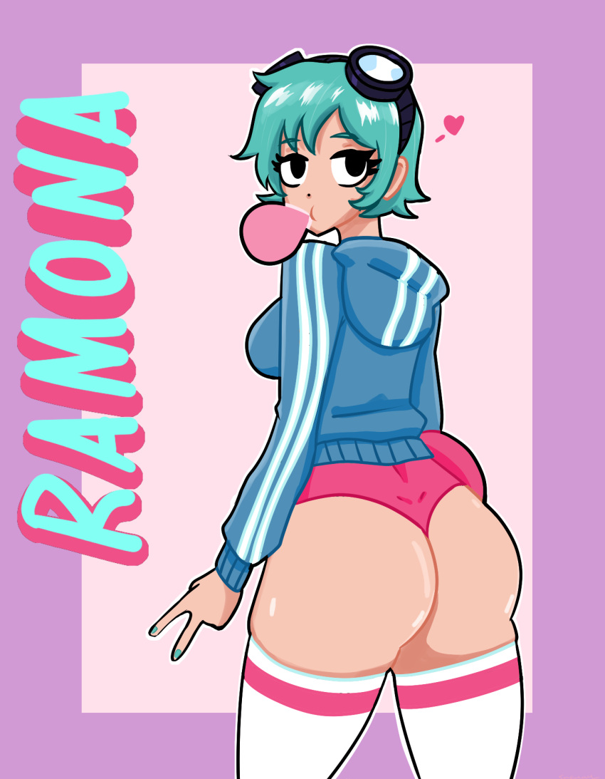 1girls big_ass big_breasts blue_hair bubble_butt bubble_gum clothed female female_only goggles goggles_on_head heart hoodie peace_sign pink_shorts ramona_flowers scott_pilgrim shorts snowwwy_(artist) solo solo_female