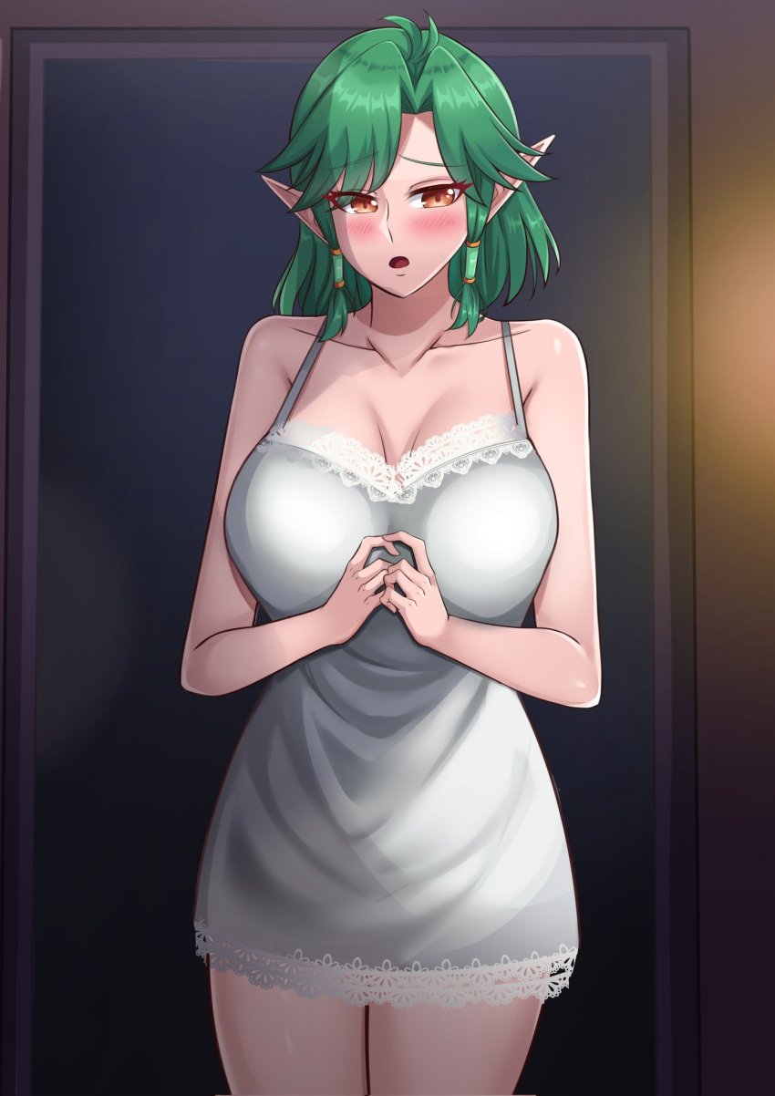 big_breasts borrowed_character dungeons_and_dragons elf embarrassed eriawynn green green_hair nightdress solo tales_from_the_tables wakkiau