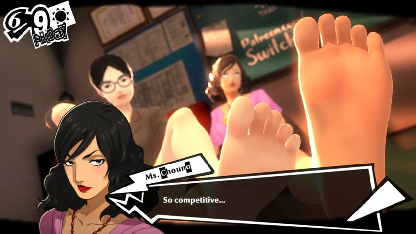 3d dialogue feet female foot_fetish foot_focus ms._chouno ms._usami persona persona_5 pov_feet soles switchlaid teacher text