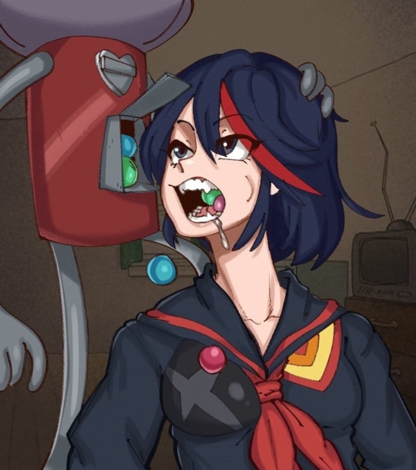 1boy1girl 1girls benson breasts bubble_gum chewing chewing_gum como_tan_muchacho crossover cum_in_mouth cumshot eastern_and_western_character fellatio female hand_on_another's_head kill_la_kill looking_at_another matoi_ryuuko mrbooshmaster open_mouth regular_show serafuku sharp_teeth what