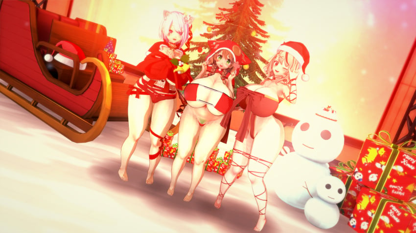 3d 3girls animal_ears bikini breasts breasts_bigger_than_head cat_ears christmas crossover female gigantic_breasts gray_hair green_hair hololive hololive_japan holox hood huge_breasts koikatsu micro_panties multicolored_hair nijisanji presents pubic_hair ribbon ribbons sakamata_chloe santa_hat shiina_yuika shortstack sled snow snowman thick_thighs virtual_youtuber vtuber warabeda_meiji warabeda_meijii white_hair wide_hips