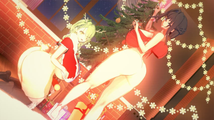 2girls 3d blue_hair breasts ceres_fauna christmas christmas_decorations christmas_lights christmas_tree curvy deer_horns female gigantic_breasts green_hair hololive hololive_english hololive_english_-council- huge_ass huge_breasts indoors koikatsu ouro_kronii revealing_clothes ribbons thick_thighs virtual_youtuber vtuber