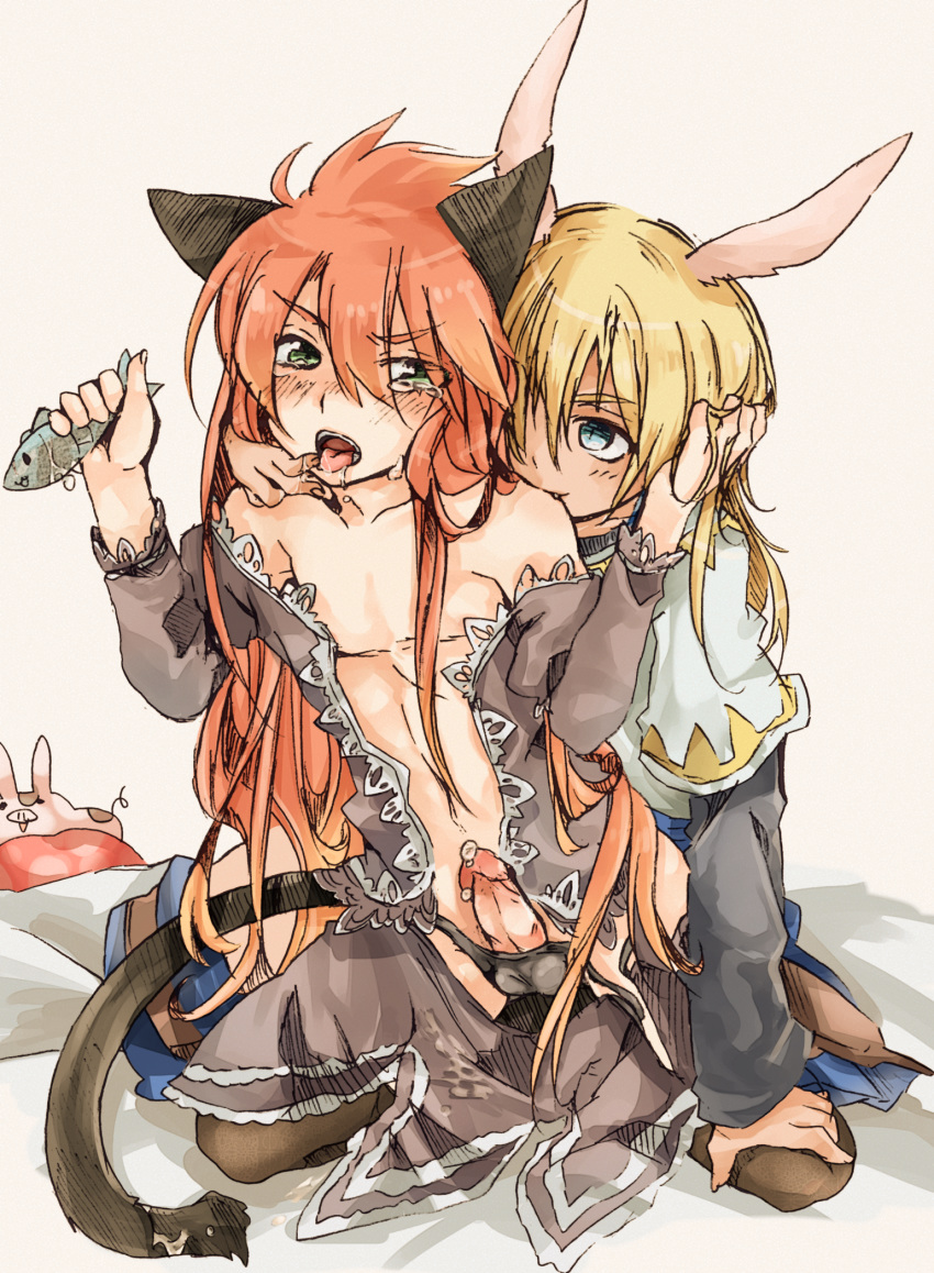 2boys animal_ear bite biting blonde_hair blue_eyes character_request crossdressing green_eyes luke_fon_fabre multiple_boys penis peony_ix red_hair tales_of_(series) tales_of_the_abyss trap yaoi