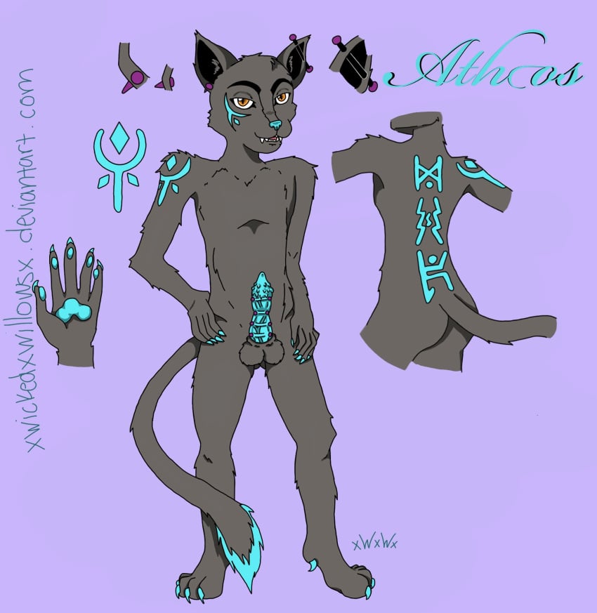 anthro athos feline fur furry looking_at_viewer male model_sheet penis piercing runes teal text xwickedxwillowsx