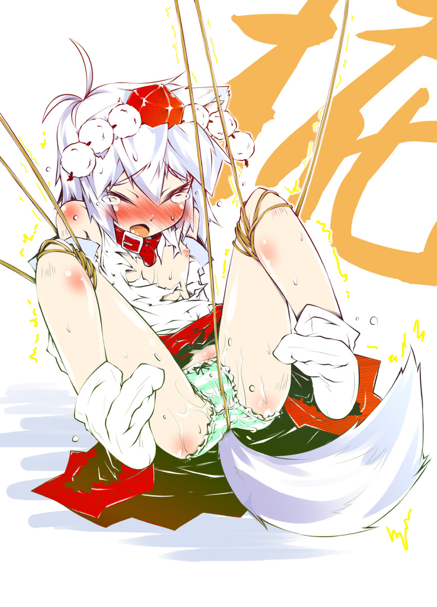 animal_ear blush bondage breast_press closed_eyes collar detached_sleeves hat highres momiji_inubashiri narumiya nipples open_mouth panties restrained rope sitting skirt solo striped striped_panties striped_swimsuit sweat tail tear tokin_hat touhou underwear wet_panties white_hair wolf_ear wolf_tail