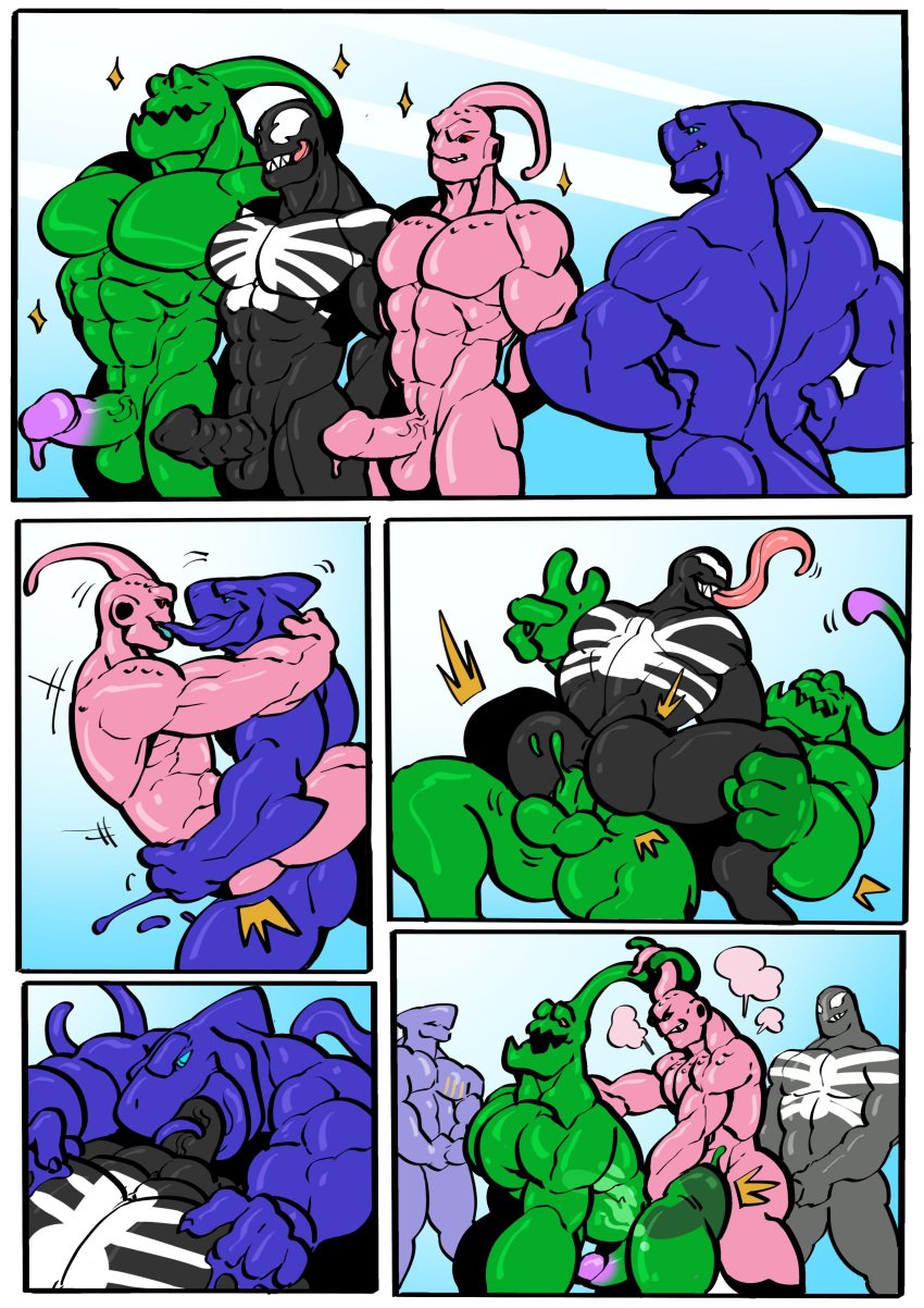 anthro balls big_balls big_penis black_body blowjob blue_body cock comic cum dick engis_(trencalos) fellatio foursome furry fusion gay goo_creature green_body growth homosexual hyper hyper_balls hyper_penis kissing kissing_while_penetrated kissing_while_penetrating majin_buu male male/male male_only markings marvel merging muscle_growth muscles muscular muscular_male penetration penis penis_growth pink_body semen sex shark shark_tail sharp_teeth slime symbiote testicles tongue tongue_kiss tongue_out trencalos vein veiny_penis venom venom_(marvel) zac zac_(lol)