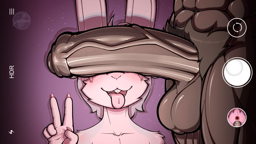 5_fingers absurd_res anthro balls blush brown_body camera_hud camera_view duo femboy fingers foreskin fur genitals gesture hand_gesture hare hi_res humanoid_genitalia humanoid_penis lagomorph leporid male male/male mammal muscular muscular_male penis pubes rabbit ragnar_cheesebite thick_penis tongue tongue_out v_sign vein veiny_penis white_body white_fur yani_cheesebite yanidesu