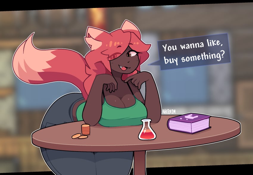 2020 big_breasts book cleavage dialogue eye_visible_through_hair fangs female fox_ears fox_girl fox_tail gold huge_thighs inkplasm jeans looking_at_viewer oerba_yun_fang potion re-logic shop table talking_to_viewer terraria thick_thighs watermark welwraith zoologist_(terraria)