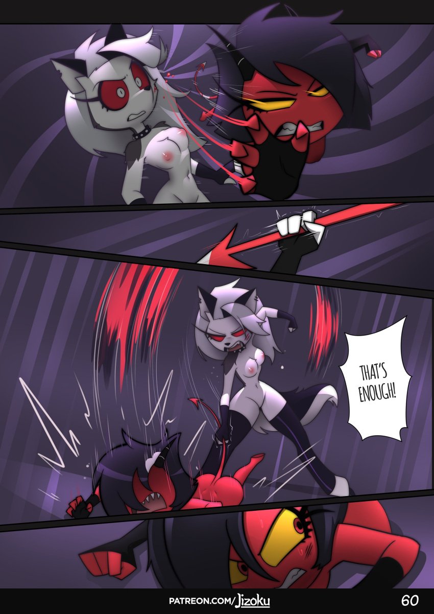 absurd_res anthro areola biped blush breasts canid canid_demon canine demon dialogue duo exclamation_point female fur grey_body grey_fur hellhound helluva_boss hi_res hollow_eyes humanoid imp jizoku loona_(helluva_boss) mammal millie_(helluva_boss) mythological_canine mythological_creature mythology nipples red_eyes red_sclera speech_bubble tail teeth white_body white_eyes white_fur yellow_eyes