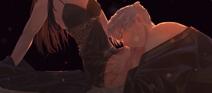 1boy1girl between_legs body_markings body_worship clothed female love_and_deep_space male nightgown on_bed petplay robe silver_hair sucking sweat thigh_grab xavier_(love_and_deep_space)