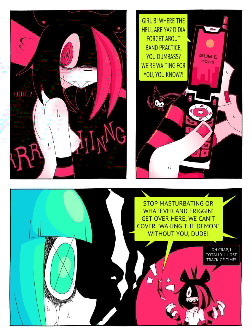 absurd_res anthro blue_eyes blue_hair bodily_fluids breasts cellphone cigarette colored_nails comic electronics felid female fingernails flip_phone girl_a girl_b hair hi_res mammal nails nipples nude panicking phone phone_call ponporio profanity red_eyes red_fingernails red_hair red_nails sanrio smoking smoking_cigarette stripped_armwear sweat tagme teeth the_disappearance_of_girl_a